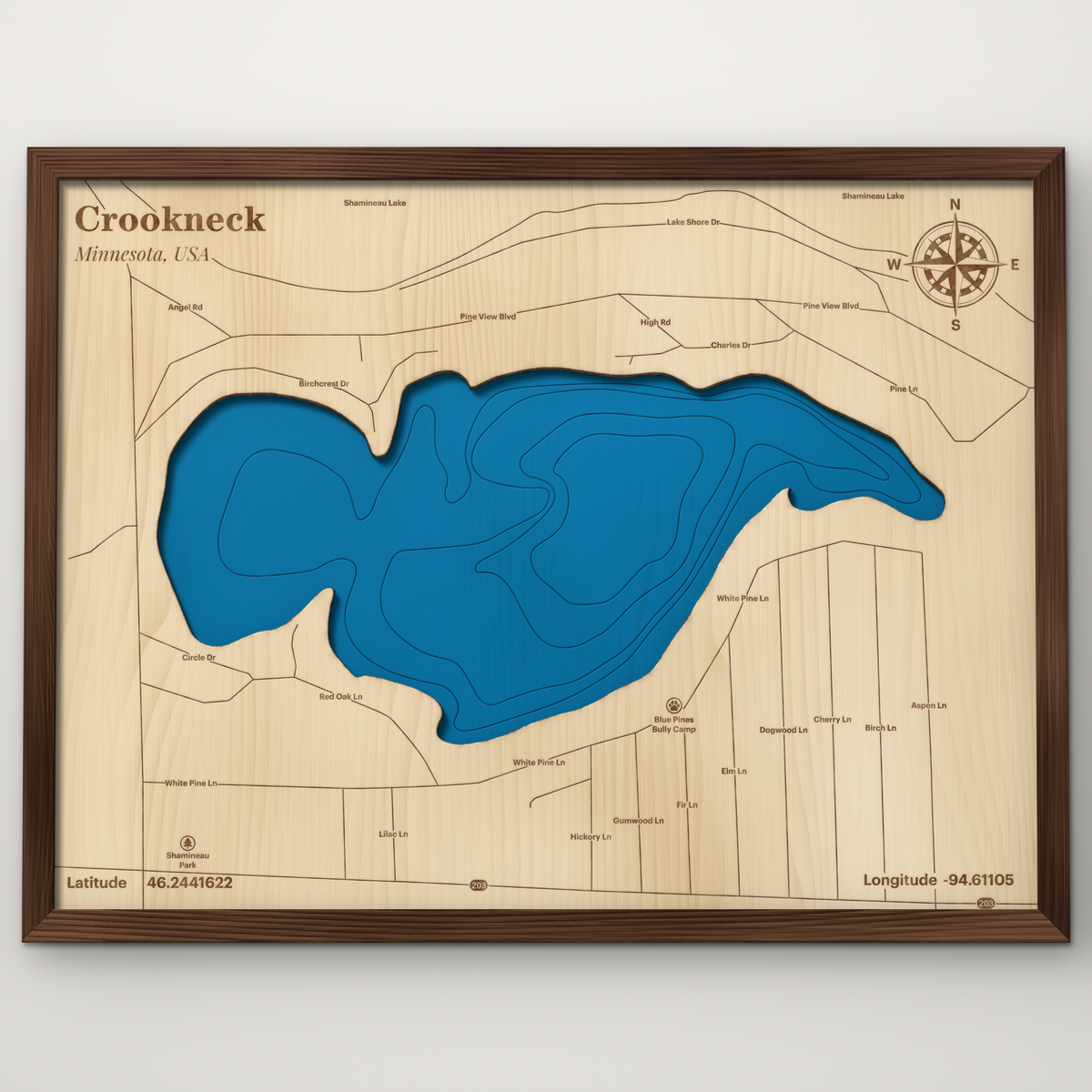 Crookneck Lake, Minnesota, layered wood map with blue painted water and stained walnut frame, by Dirt Road Barns