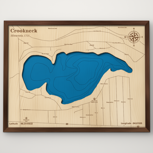 Crookneck Lake, Minnesota, layered wood map with blue painted water and stained walnut frame, by Dirt Road Barns
