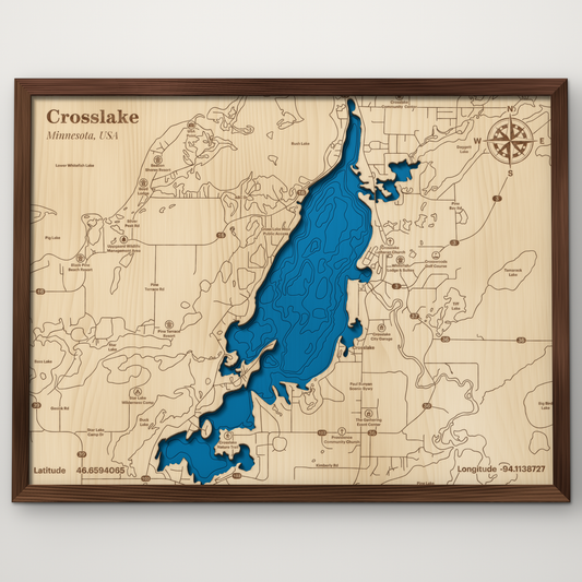 Crosslake, Minnesota, layered wood map with blue painted water and stained walnut frame, by Dirt Road Barns