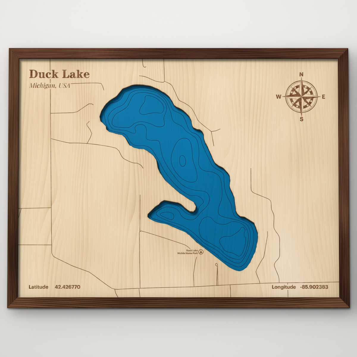 Duck Lake, Allegan County Michigan layered wood map with blue painted water and stained walnut frame, by Dirt Road Barns
