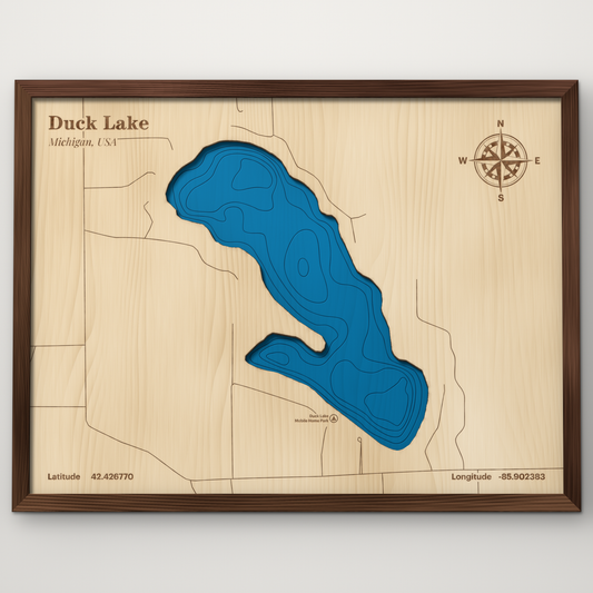 Duck Lake, Allegan County Michigan layered wood map with blue painted water and stained walnut frame, by Dirt Road Barns