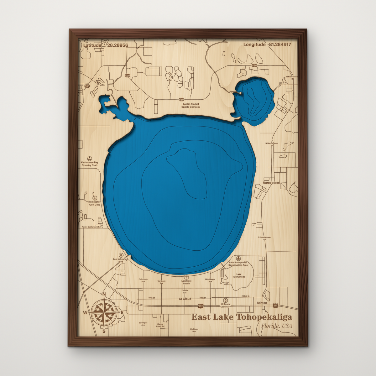 East Lake Tohopekaliga, Florida, layered wood map with blue painted water and stained walnut frame, by Dirt Road Barns
