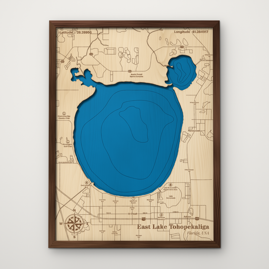 East Lake Tohopekaliga, Florida, layered wood map with blue painted water and stained walnut frame, by Dirt Road Barns