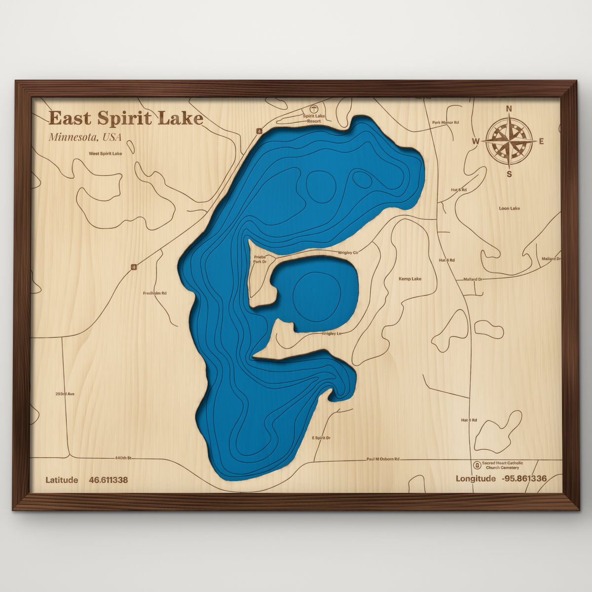 East Spirit Lake, Minnesota, layered wood map with blue painted water and stained walnut frame, by Dirt Road Barns