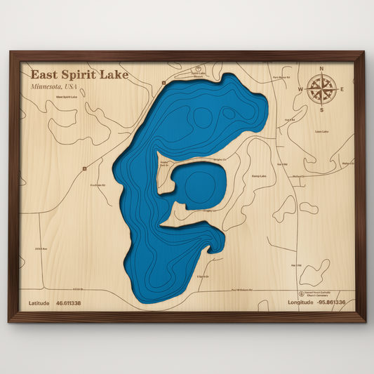 East Spirit Lake, Minnesota, layered wood map with blue painted water and stained walnut frame, by Dirt Road Barns