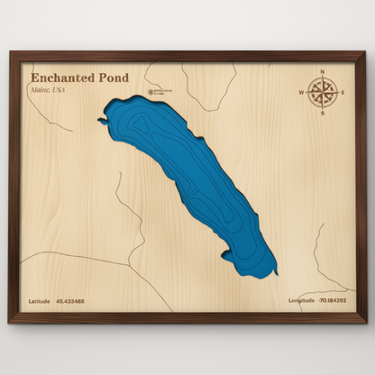 Enchanted Pond, Maine, layered wood map with blue painted water and stained walnut frame, by Dirt Road Barns