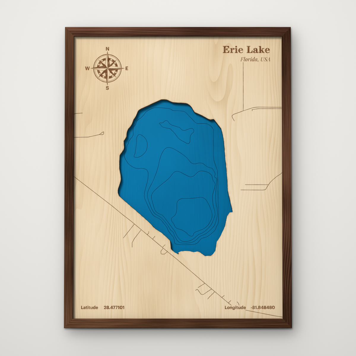 Erie Lake, Lake County Florida layered wood map with blue painted water and stained walnut frame, by Dirt Road Barns
