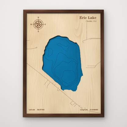 Erie Lake, Lake County Florida layered wood map with blue painted water and stained walnut frame, by Dirt Road Barns