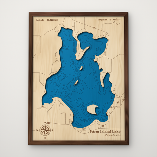 Farm Island Lake, Minnesota, layered wood map with blue painted water and stained walnut frame, by Dirt Road Barns