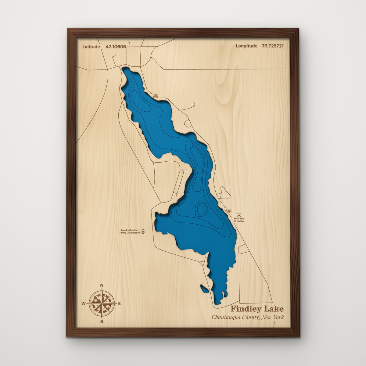 Findley Lake, New York, layered wood map with blue painted water and stained walnut frame, by Dirt Road Barns