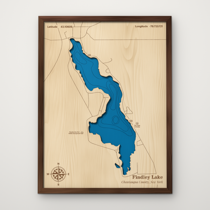 Findley Lake, New York, layered wood map with blue painted water and stained walnut frame, by Dirt Road Barns