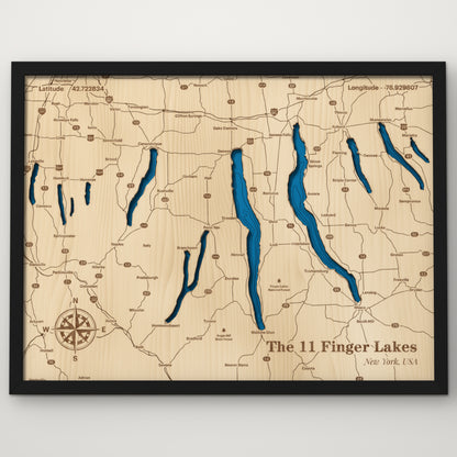 Finger Lakes layered wood map in painted black frame