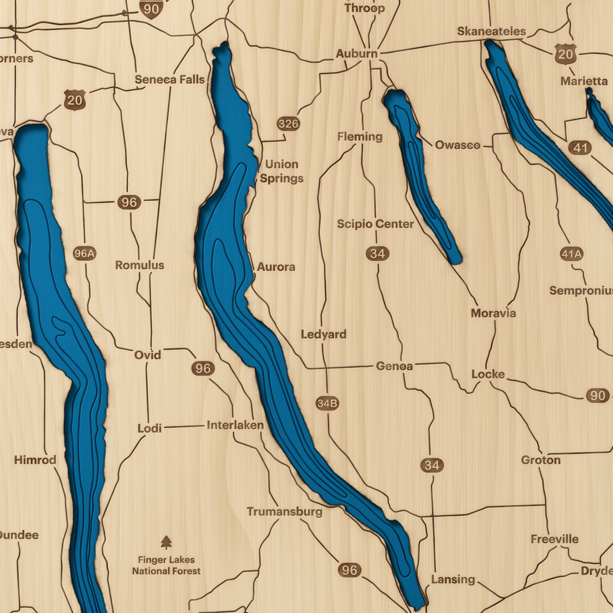 Finger Lakes layered wood map close-up showing hand-cut layers
