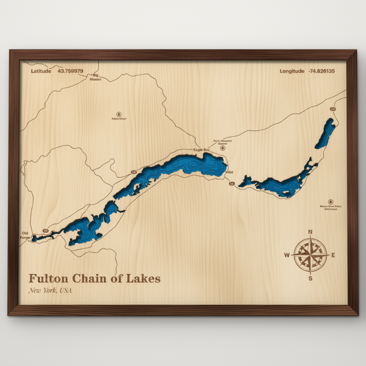 Fulton Chain of Lakes layered wood map with blue painted water and stained walnut frame, by Dirt Road Barns