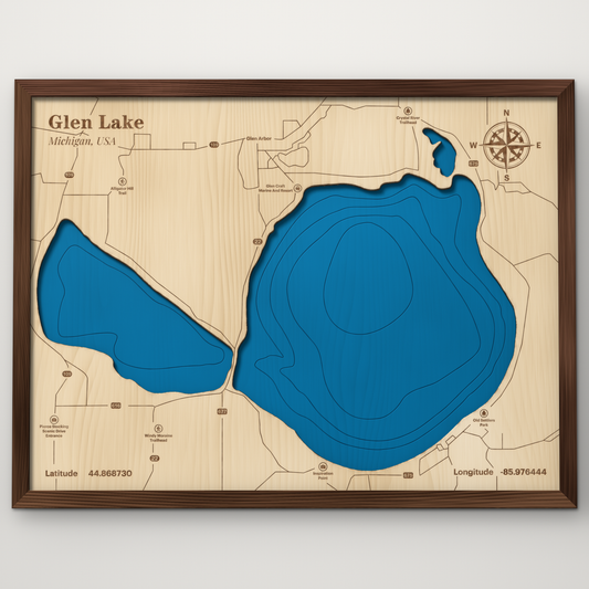 Glen Lake, Michigan, layered wood map with blue painted water and stained walnut frame, by Dirt Road Barns