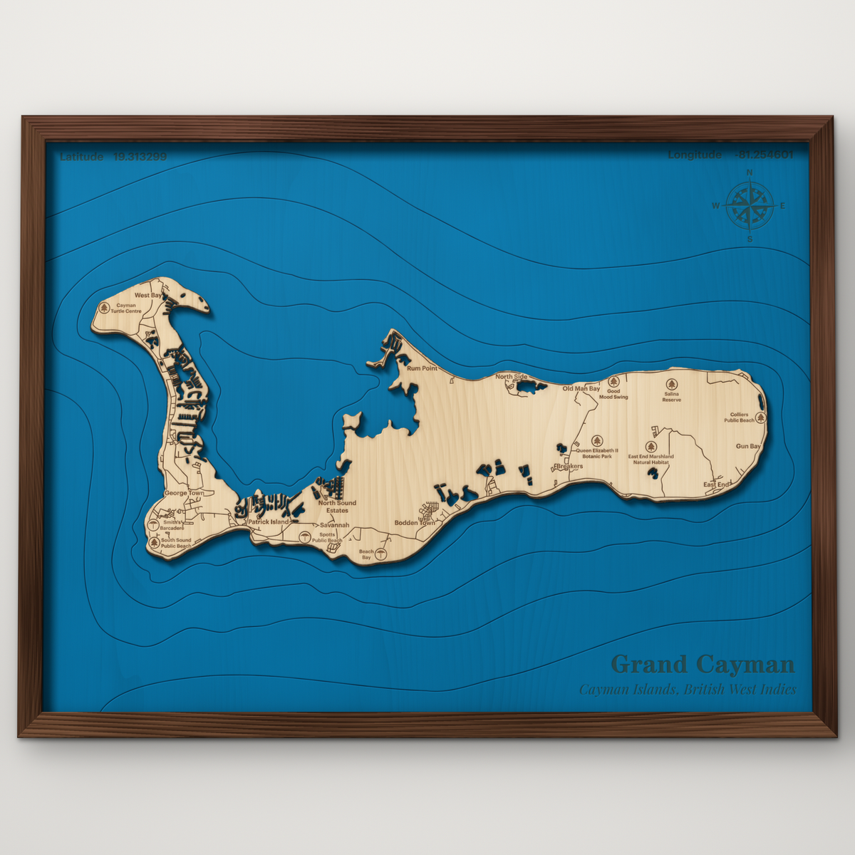 Grand Cayman layered wood map with blue painted water and stained walnut frame, by Dirt Road Barns
