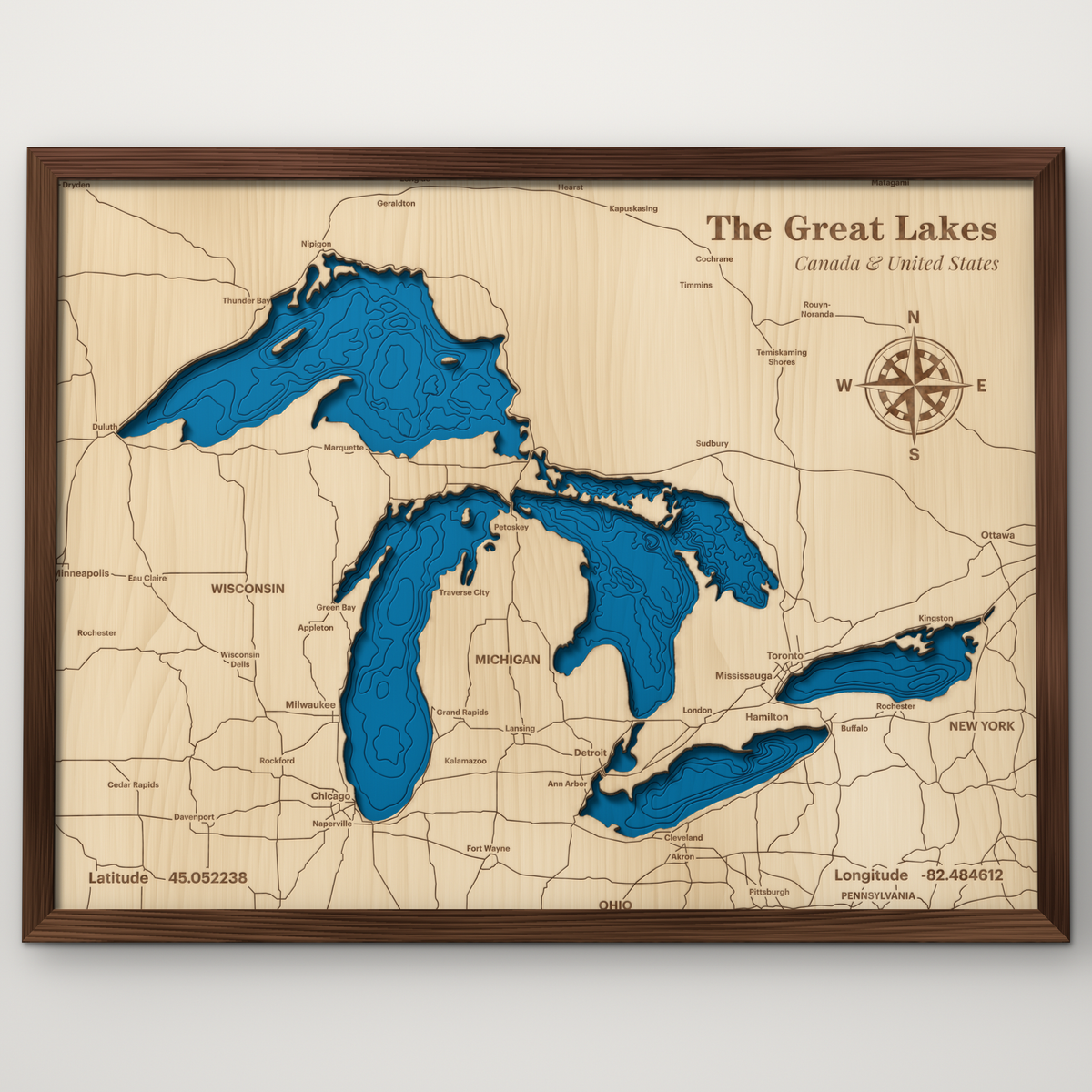 The Great Lakes layered wood map with blue painted water and stained walnut frame, by Dirt Road Barns