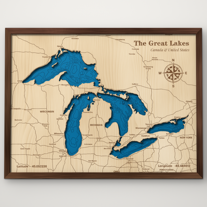 The Great Lakes layered wood map with blue painted water and stained walnut frame, by Dirt Road Barns