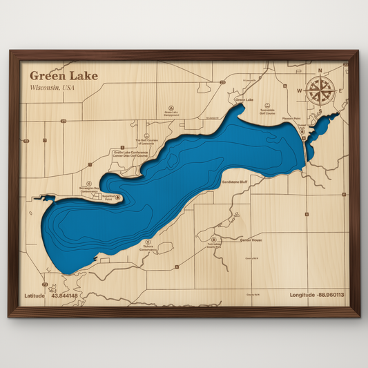 Green Lake, Wisconsin, layered wood map with blue painted water and stained walnut frame, by Dirt Road Barns