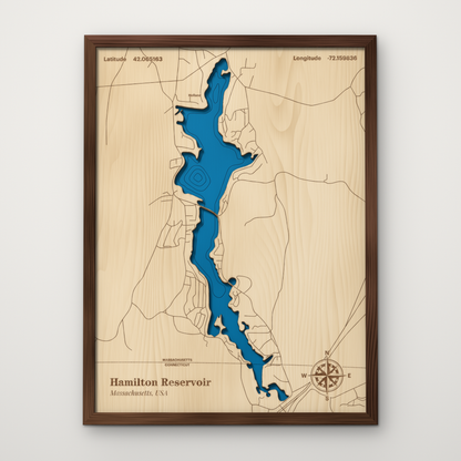 Hamilton Reservoir, Massachusetts, layered wood map with blue painted water and stained walnut frame, by Dirt Road Barns