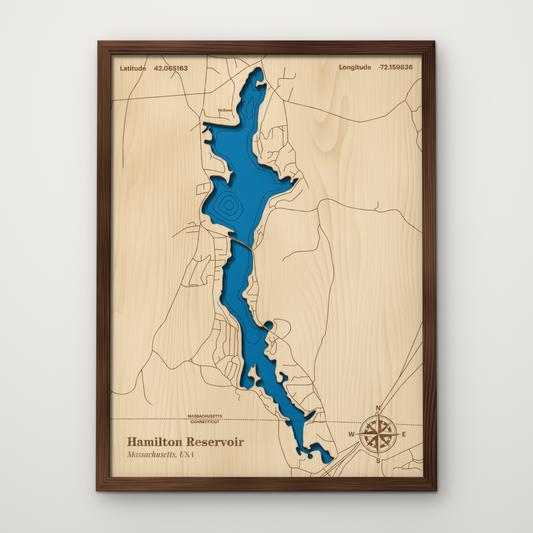 Hamilton Reservoir, Massachusetts, layered wood map with blue painted water and stained walnut frame, by Dirt Road Barns