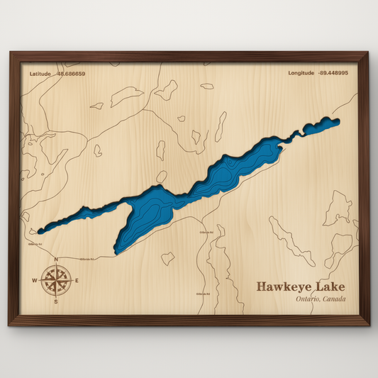 Hawkeye Lake, Ontario, layered wood map with blue painted water and stained walnut frame, by Dirt Road Barns