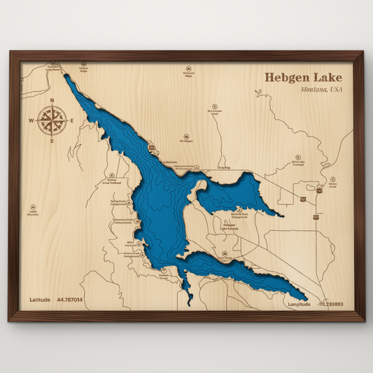 Hebgen Lake, Montana, layered wood map with blue painted water and stained walnut frame, by Dirt Road Barns