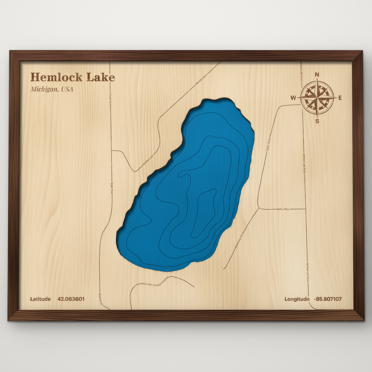 Hemlock Lake, Cass County, Michigan, layered wood map with blue painted water and stained walnut frame, by Dirt Road Barns