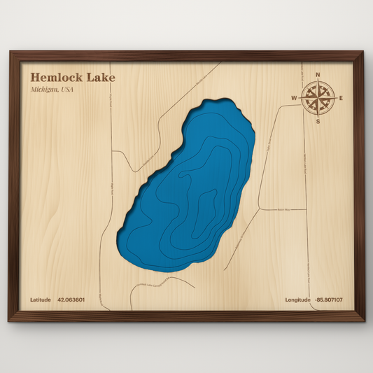 Hemlock Lake, Cass County, Michigan, layered wood map with blue painted water and stained walnut frame, by Dirt Road Barns