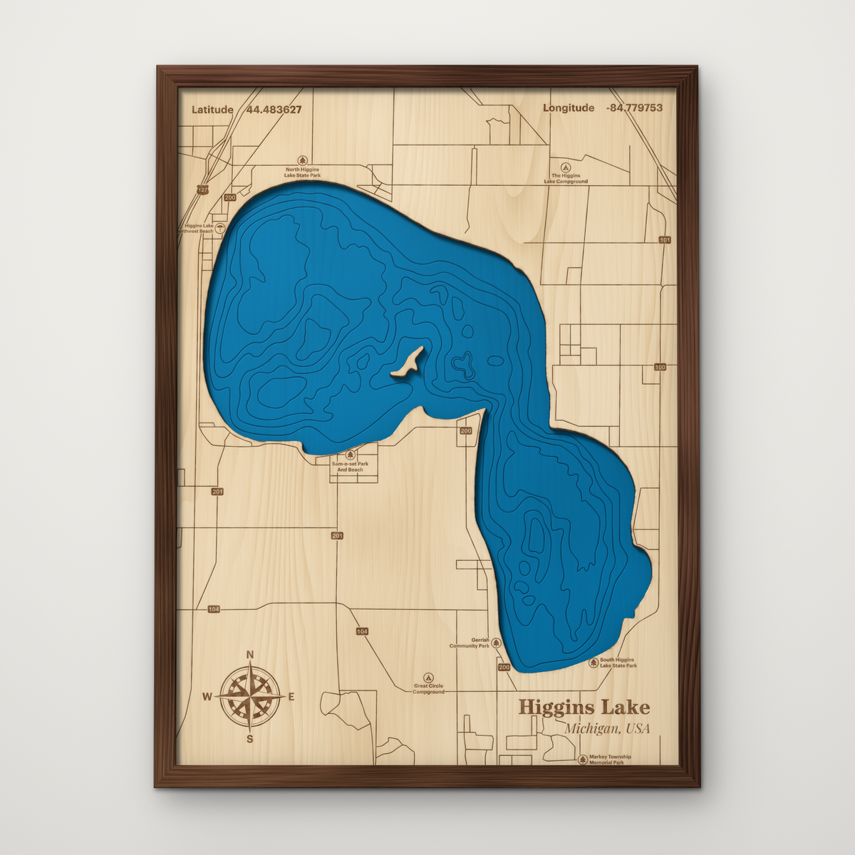 Higgins Lake, Michigan, layered wood map with blue painted water and stained walnut frame, by Dirt Road Barns