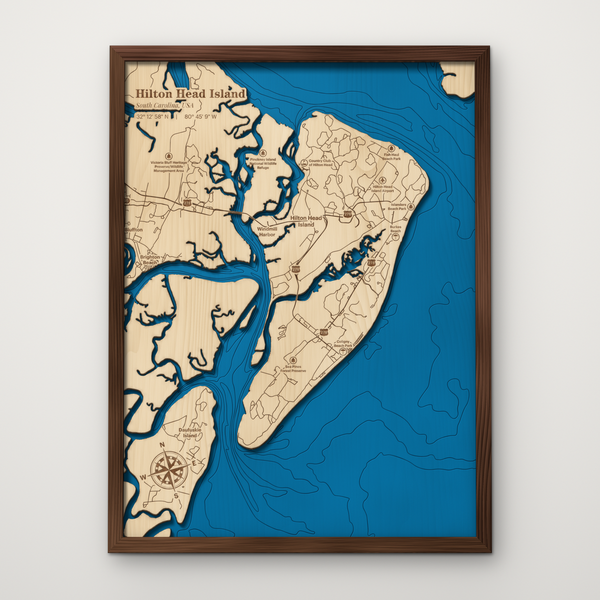 Hilton Head Island layered wood map with blue painted water and stained walnut frame, by Dirt Road Barns