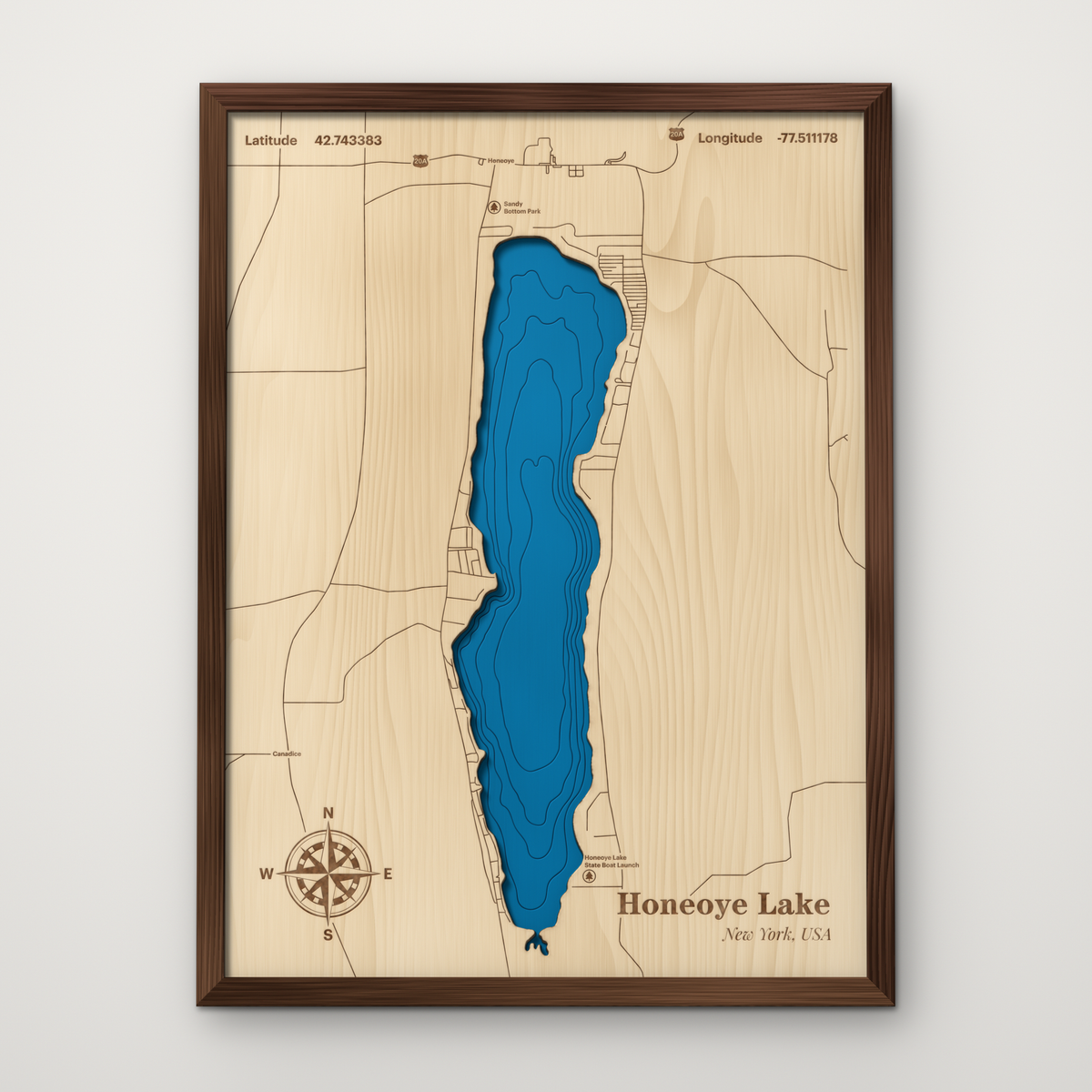 Honeoye Lake, New York, layered wood map with blue painted water and stained walnut frame, by Dirt Road Barns