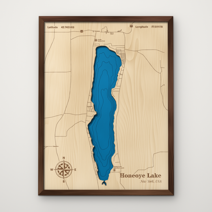 Honeoye Lake, New York, layered wood map with blue painted water and stained walnut frame, by Dirt Road Barns