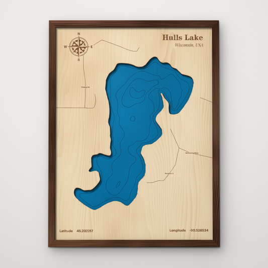 Hulls Lake, Wisconsin, layered wood map with blue painted water and stained walnut frame, by Dirt Road Barns