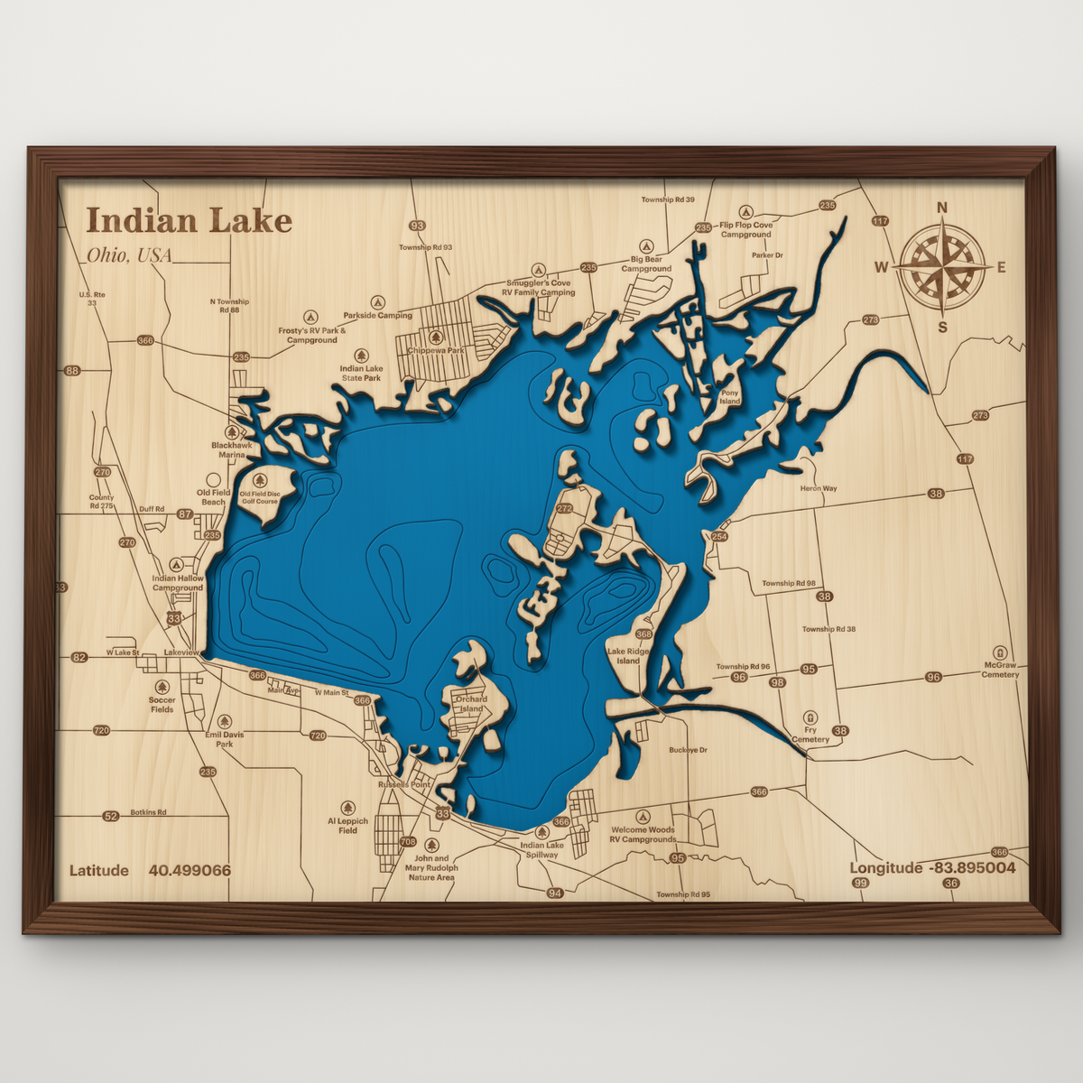 Indian Lake, Ohio, layered wood map with blue painted water and stained walnut frame, by Dirt Road Barns