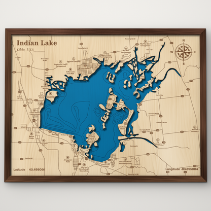 Indian Lake, Ohio, layered wood map with blue painted water and stained walnut frame, by Dirt Road Barns