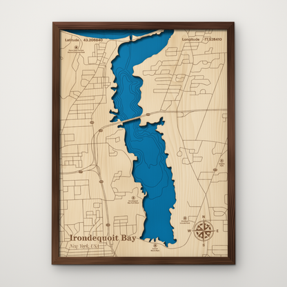 Irondequoit Bay layered wood map with blue painted water and stained walnut frame, by Dirt Road Barns