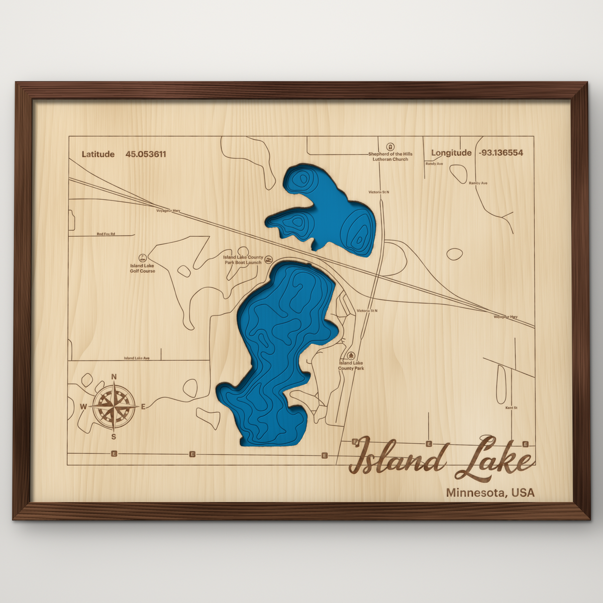 Island Lake, Minnesota, layered wood map with blue painted water and stained walnut frame, by Dirt Road Barns