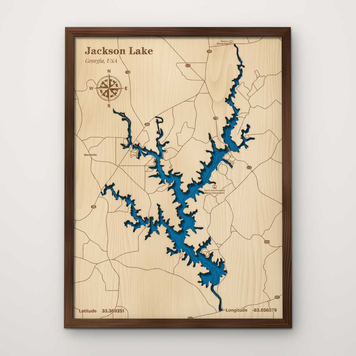 Jackson Lake, Georgia, layered wood map with blue painted water and stained walnut frame, by Dirt Road Barns