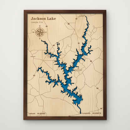 Jackson Lake, Georgia, layered wood map with blue painted water and stained walnut frame, by Dirt Road Barns