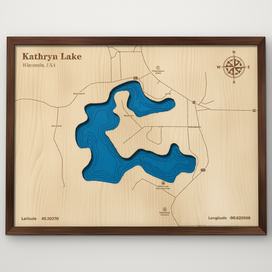 Kathryn Lake, Wisconsin, layered wood map with blue painted water and stained walnut frame, by Dirt Road Barns