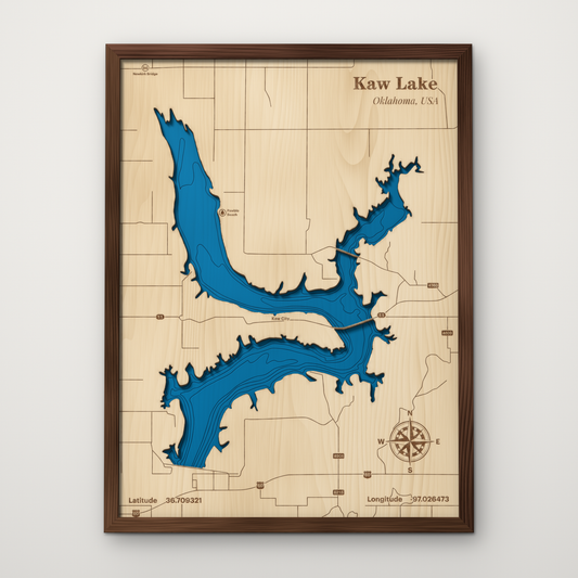 Kaw Lake, Oklahoma, layered wood map with blue painted water and stained walnut frame, by Dirt Road Barns