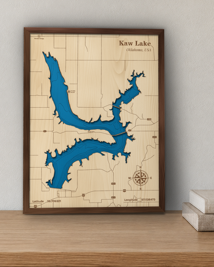 Kaw Lake wood map in a walnut frame standing on a wooden sideboard against a wall for scale