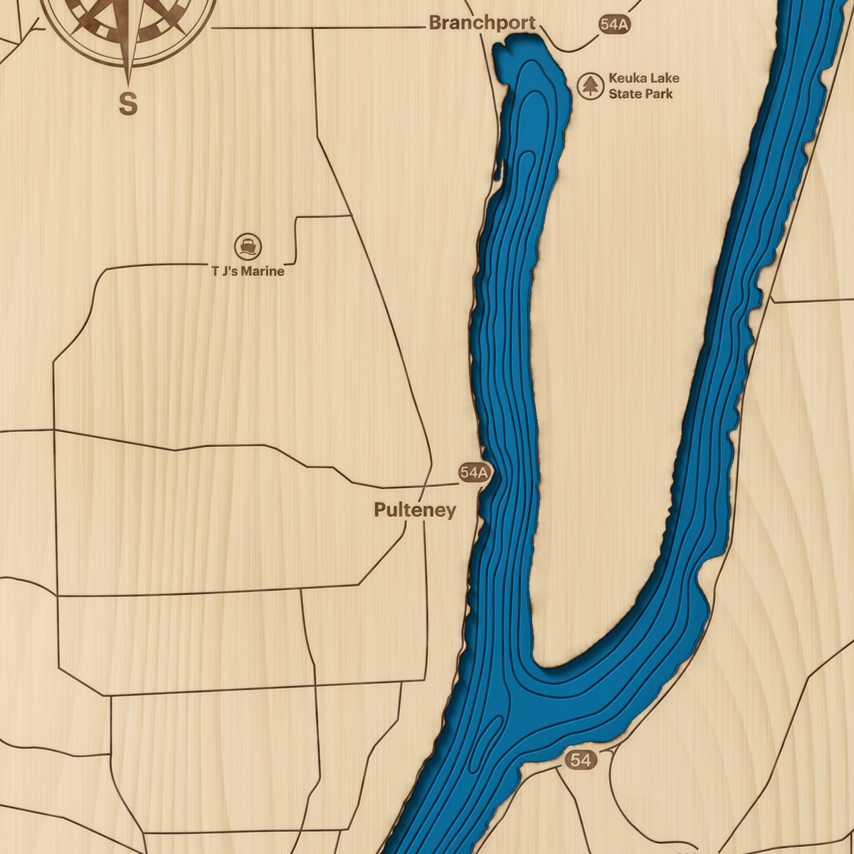 Keuka Lake layered wood map close-up showing hand-cut layers