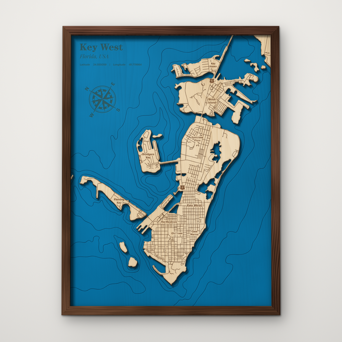 Key West layered wood map with the island cut in maple over blue painted water and a stained walnut frame, by Dirt Road Barns