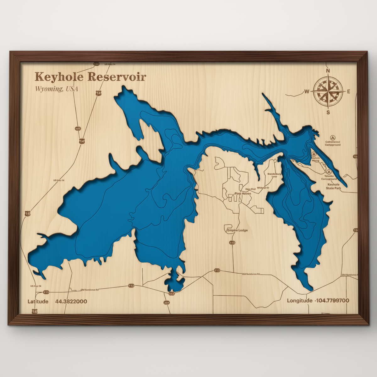 Keyhole Reservoir, Wyoming, layered wood map with blue painted water and stained walnut frame, by Dirt Road Barns