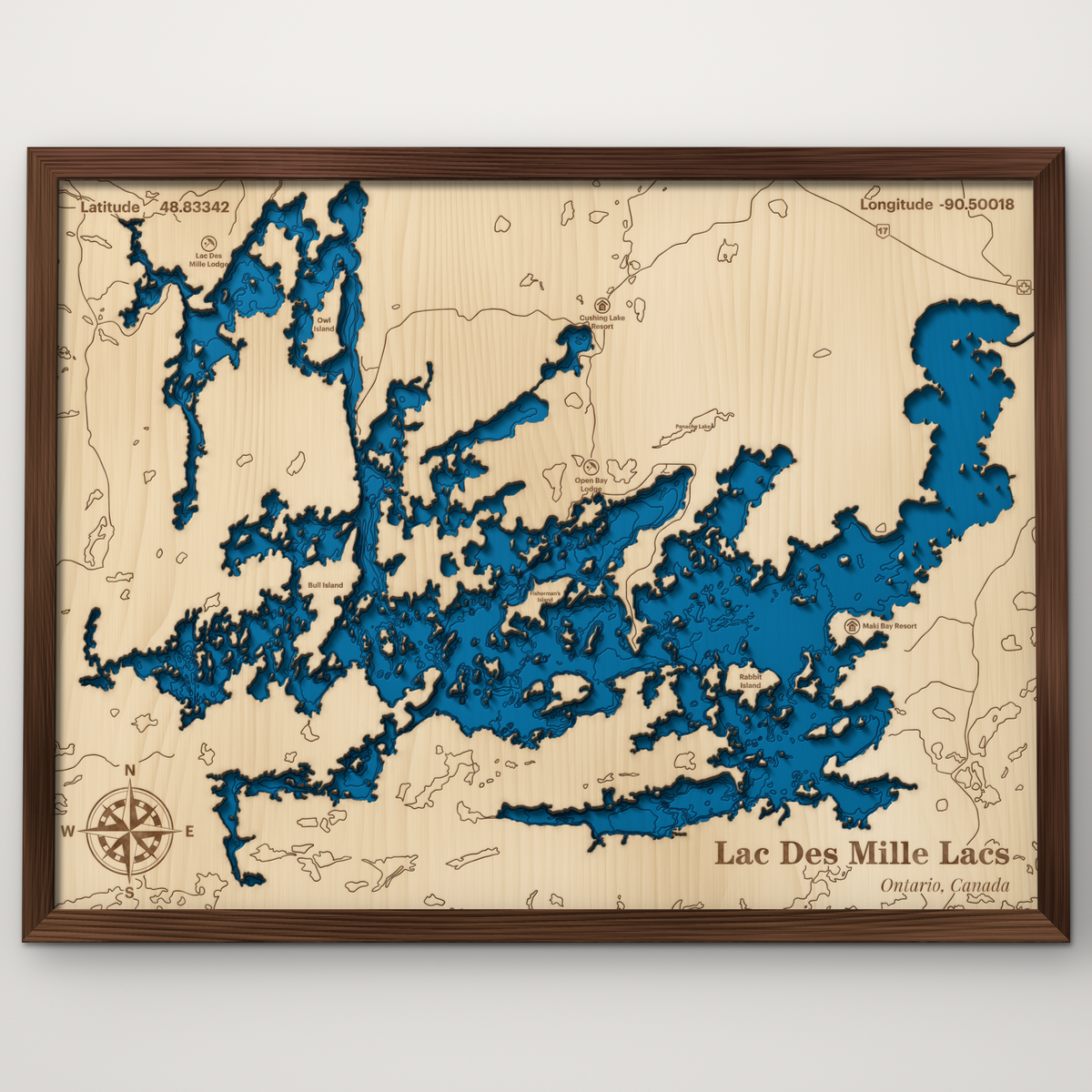 Lac des Mille Lacs, Ontario, layered wood map with blue painted water and stained walnut frame, by Dirt Road Barns
