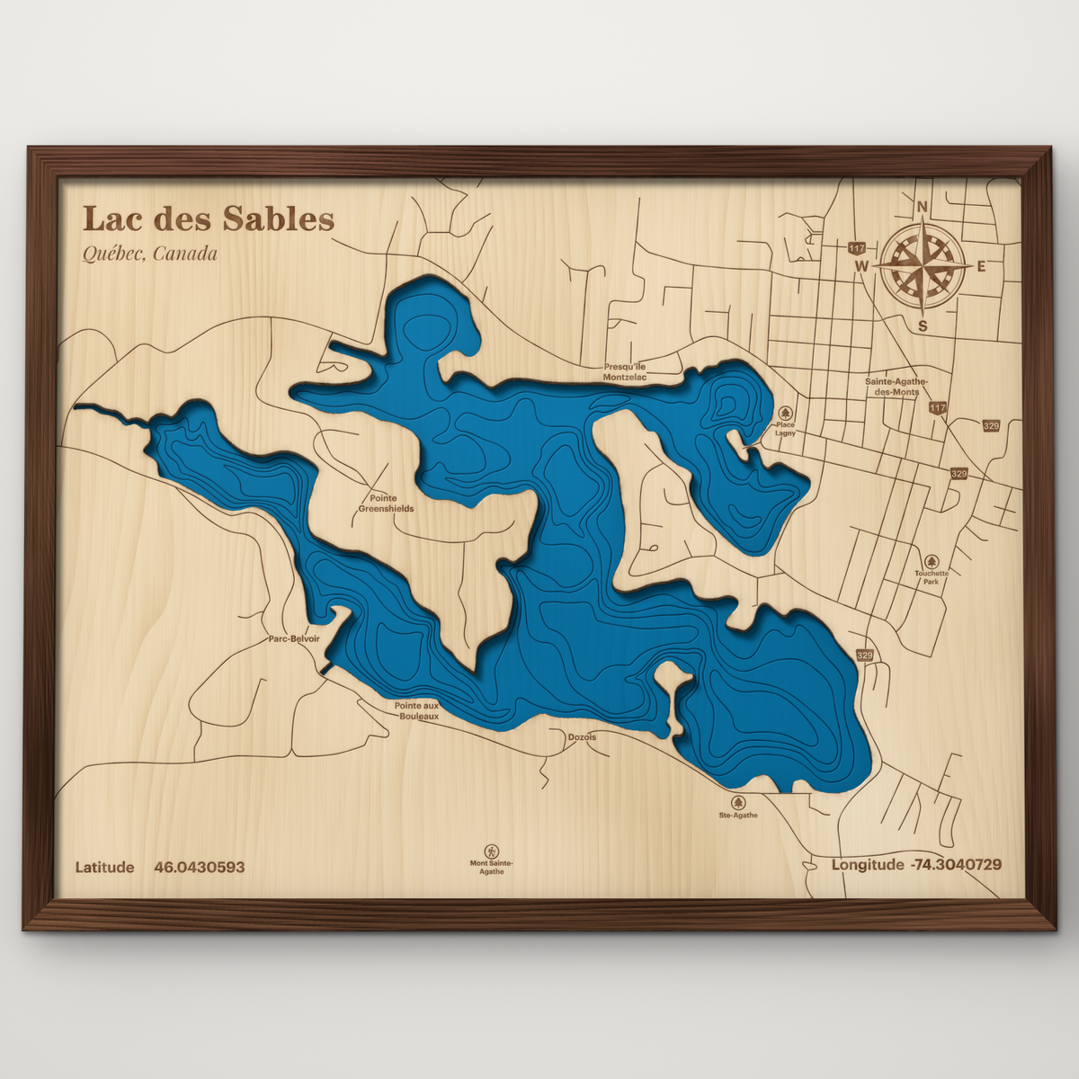 Lac des Sables, Québec, layered wood map with blue painted water and stained walnut frame, by Dirt Road Barns