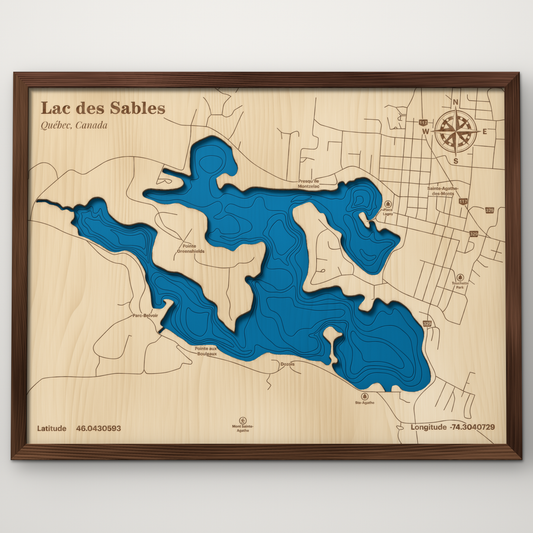 Lac des Sables, Québec, layered wood map with blue painted water and stained walnut frame, by Dirt Road Barns