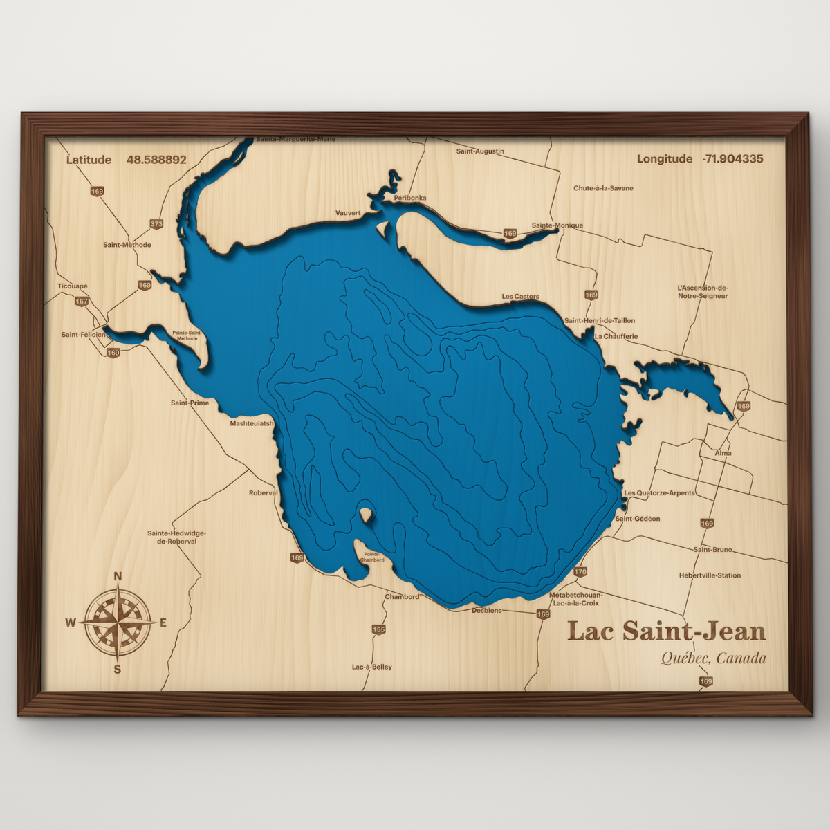 Lac Saint-Jean, Québec, Canada, layered wood map with blue painted water and stained walnut frame, by Dirt Road Barns